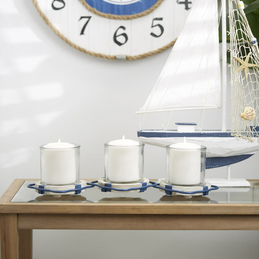 DecMode 3 Candle Blue Metal Buoy Distressed 3 Linked Candle Holder with White Wood Accents EasyOptionXY LLC