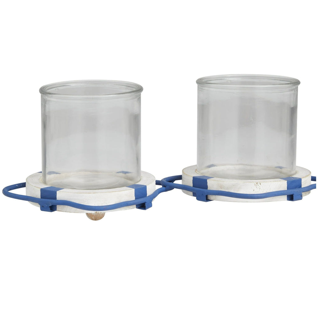 DecMode 3 Candle Blue Metal Buoy Distressed 3 Linked Candle Holder with White Wood Accents EasyOptionXY LLC