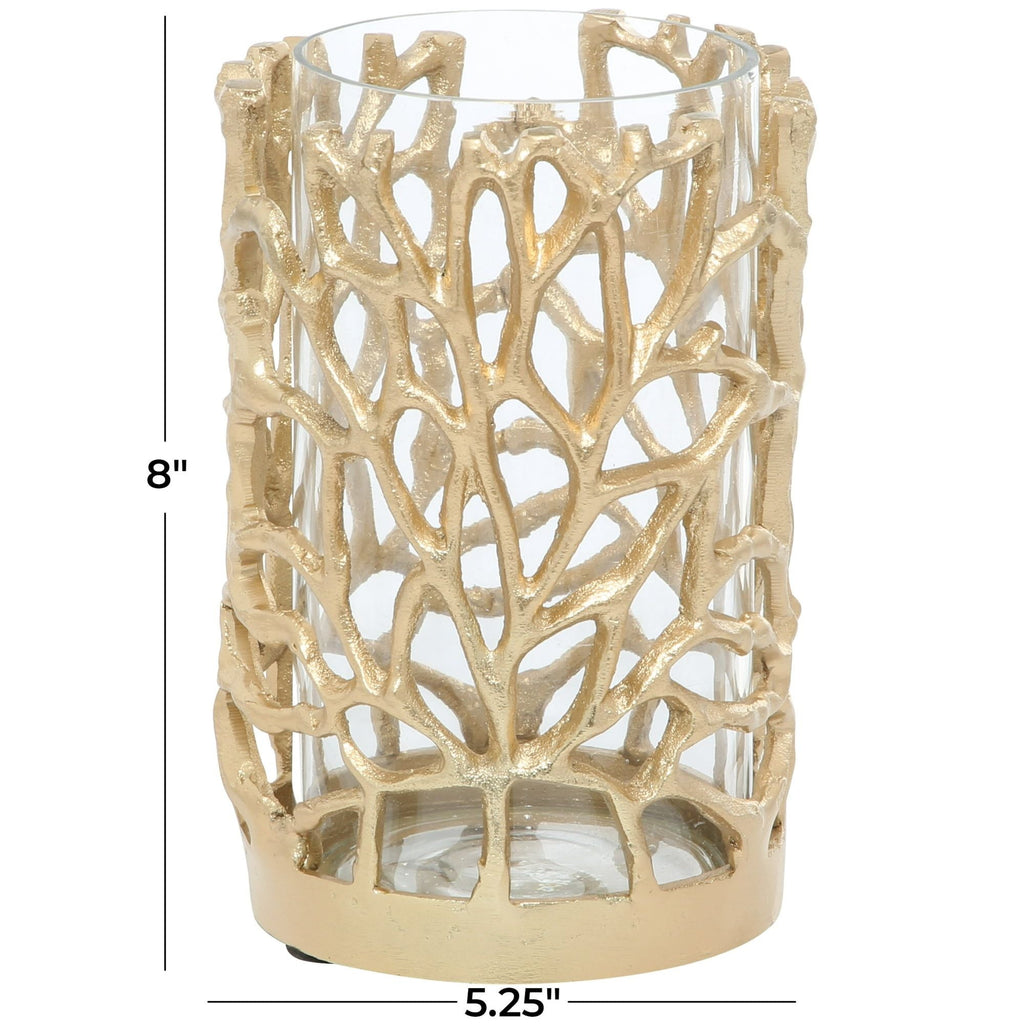 DecMode Gold Aluminum Decorative Candle Lantern with Coral Pattern