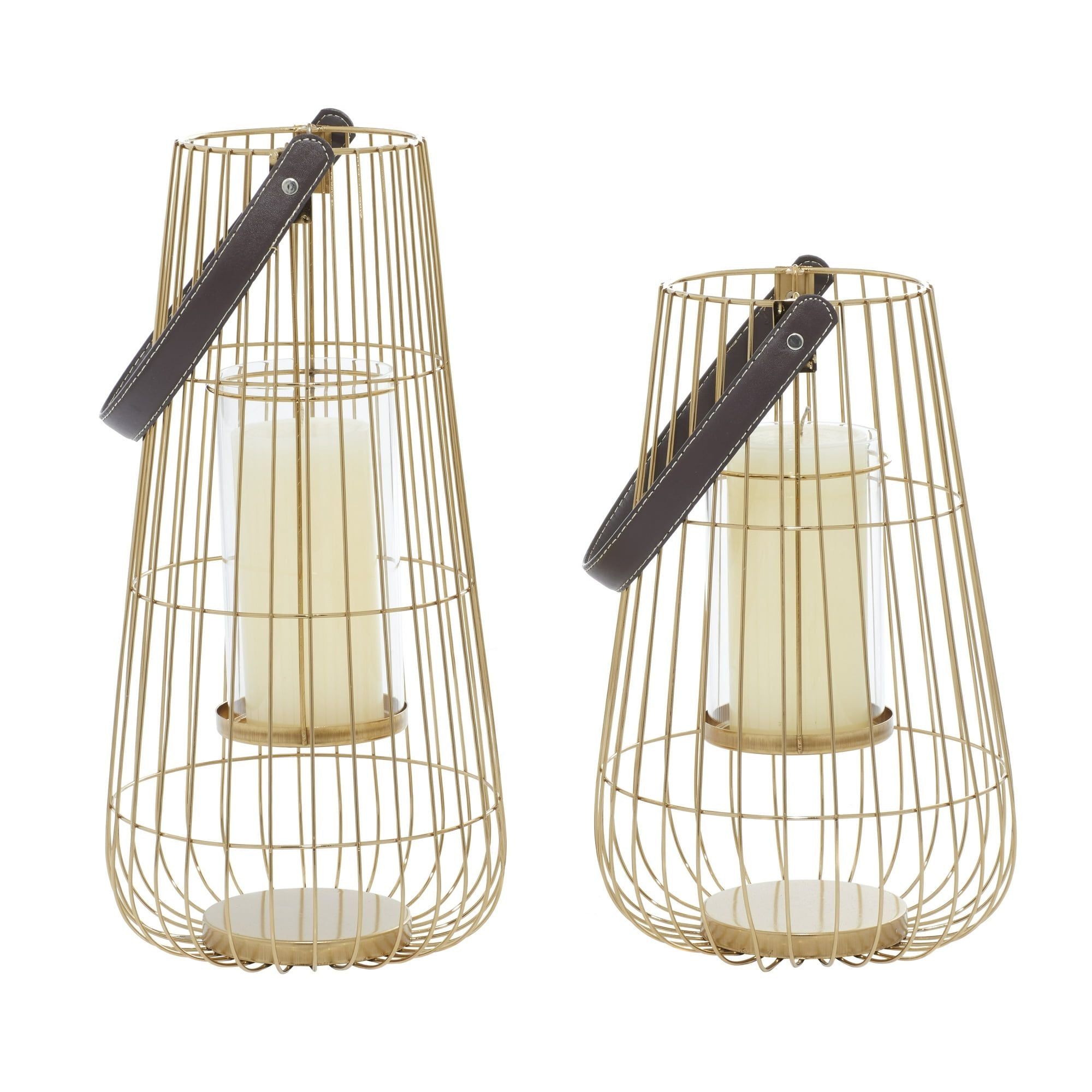 DecMode 2 Holder Gold Metal Decorative Candle Lantern with Leather Straps, Set of 2 EasyOptionXY LLC