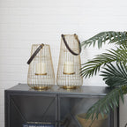 DecMode 2 Holder Gold Metal Decorative Candle Lantern with Leather Straps, Set of 2 EasyOptionXY LLC