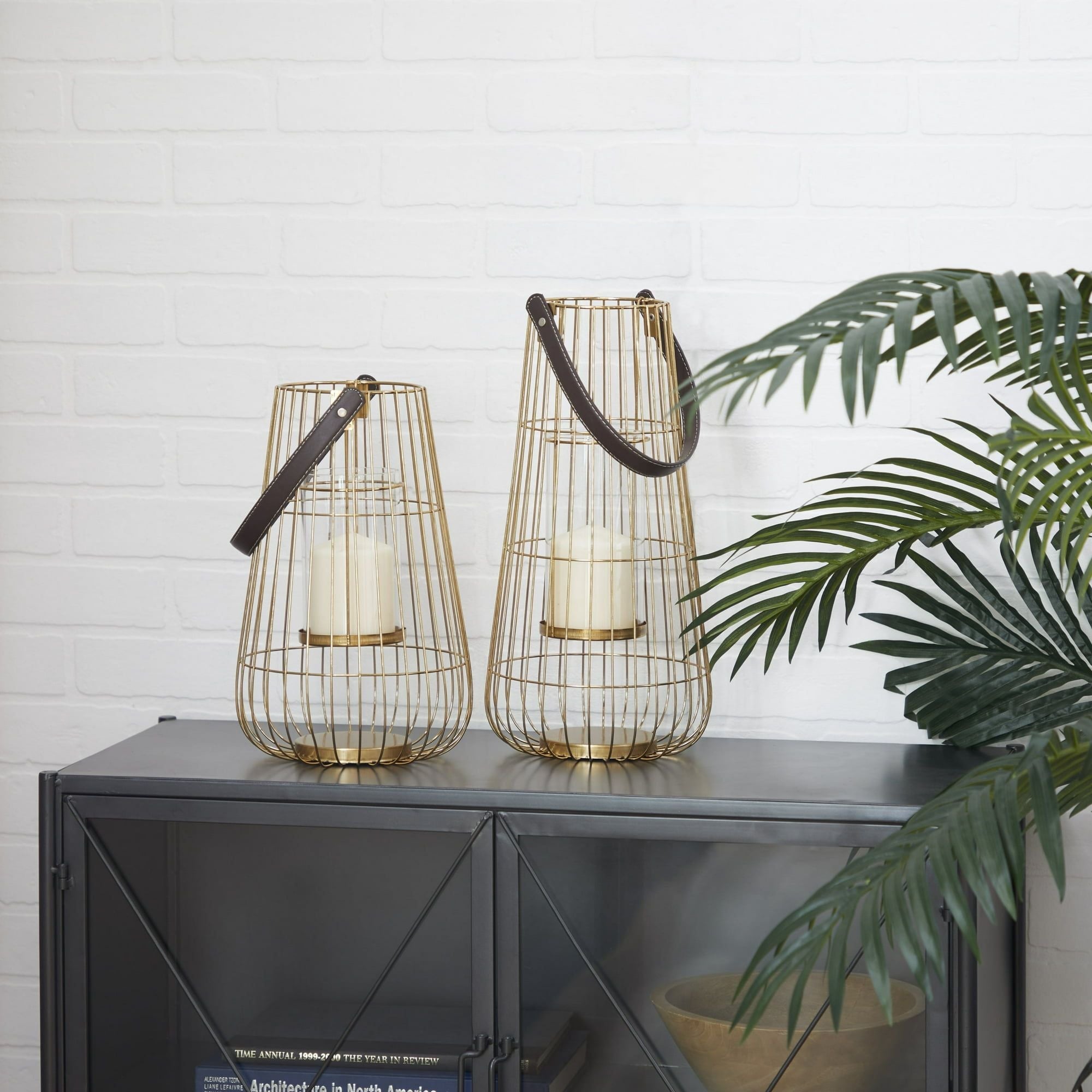 DecMode 2 Holder Gold Metal Decorative Candle Lantern with Leather Straps, Set of 2 EasyOptionXY LLC