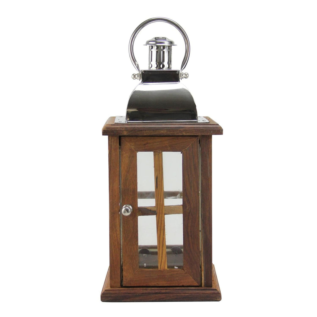 18" Modern Sheesham Wood Candle Lantern with Silver Metal Handle EasyOptionXY LLC