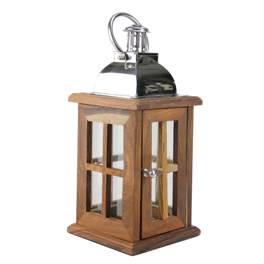18" Modern Sheesham Wood Candle Lantern with Silver Metal Handle EasyOptionXY LLC