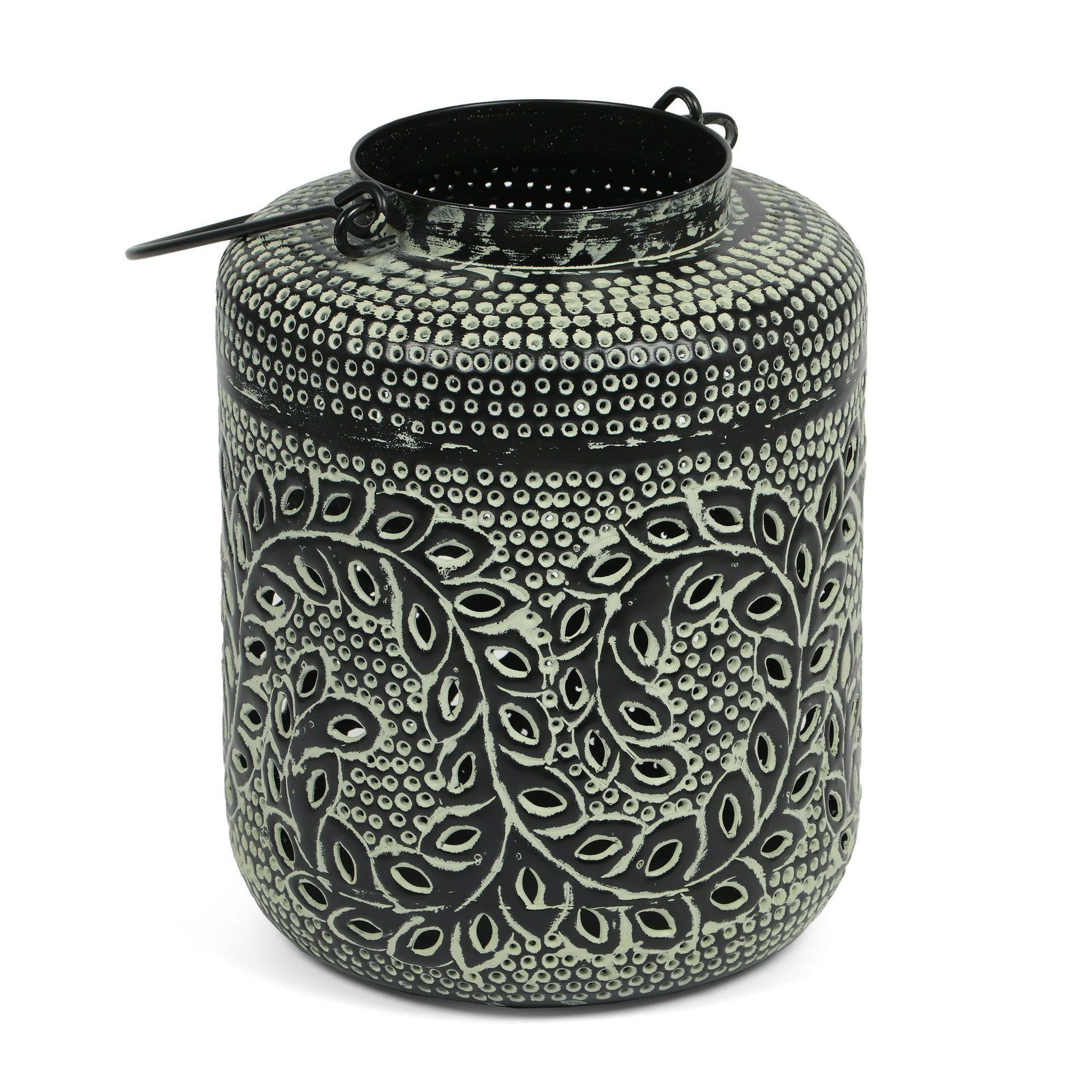 Noble House Meagher Iron Large Handcrafted Decorative Lantern, Green Patina and Black