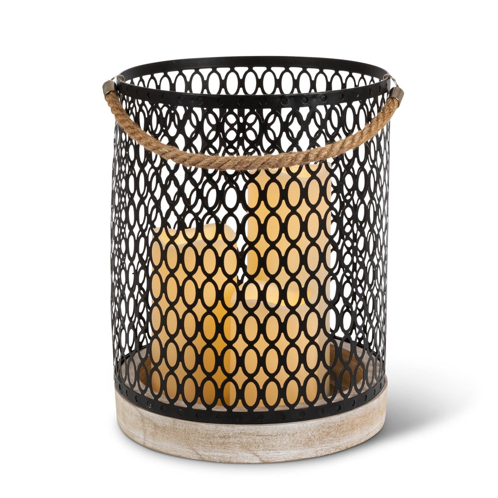 Gerson 11.81in H Battery Operated Wood Lantern with a Black Metal Cylinder, includes 3 resin candles with a removeable rope handle EasyOptionXY LLC