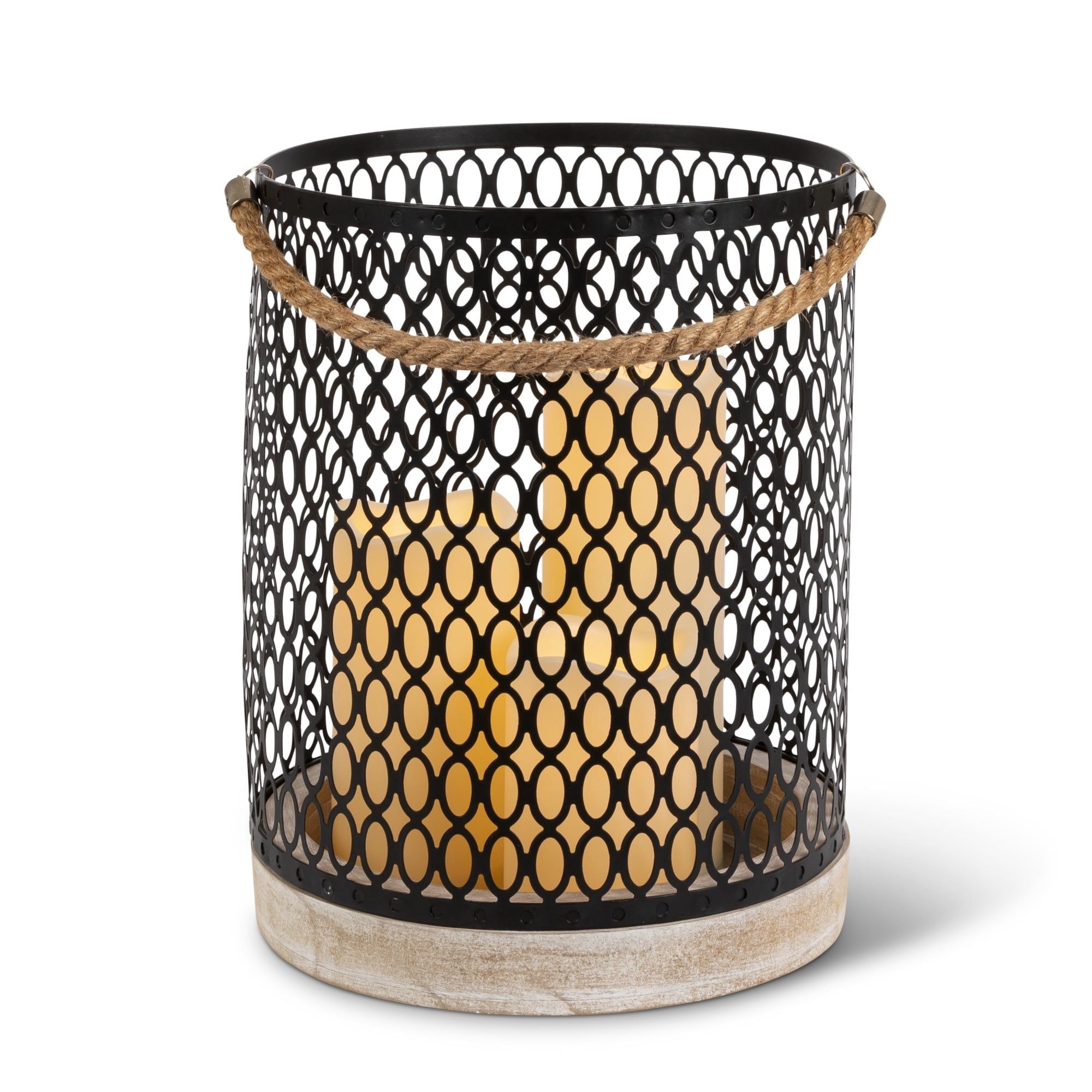 Gerson 11.81in H Battery Operated Wood Lantern with a Black Metal Cylinder, includes 3 resin candles with a removeable rope handle EasyOptionXY LLC