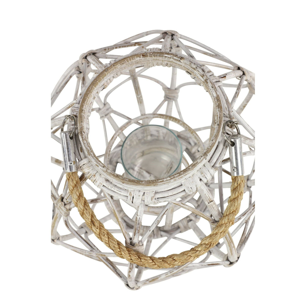 Decmode Large Round Woven Rattan White Lantern with Burlap Jute Rope Handle and Glass Insert, 15' x 15' EasyOptionXY LLC