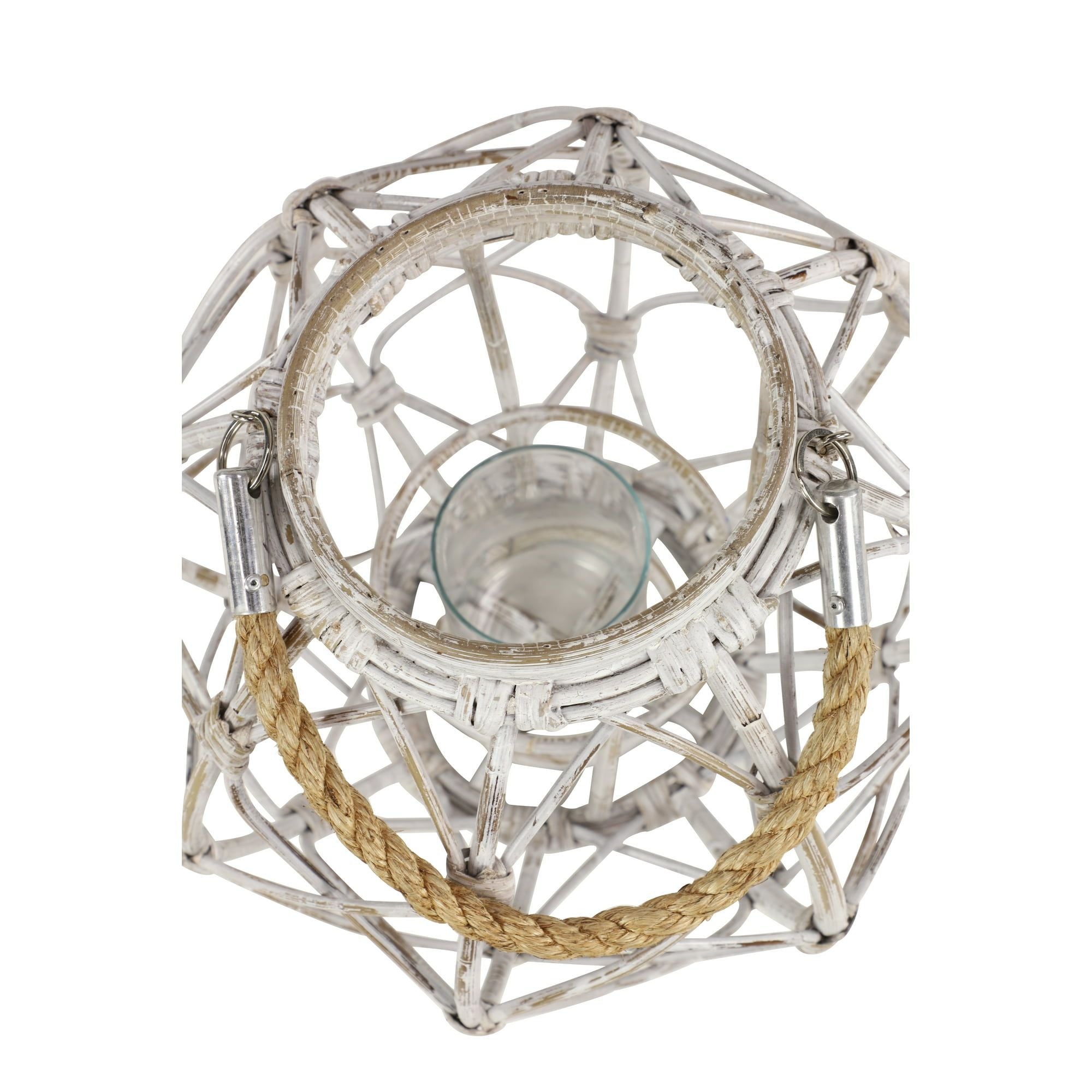 Decmode Large Round Woven Rattan White Lantern with Burlap Jute Rope Handle and Glass Insert, 15' x 15' EasyOptionXY LLC