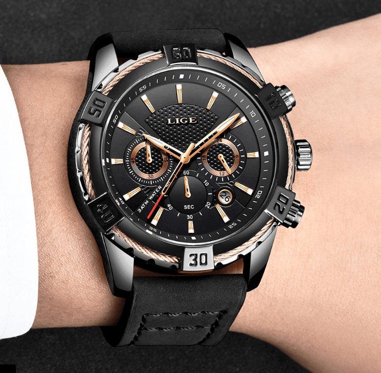 Men's Waterproof Watch With Chronometers Date Display Gold Detail Excellent Background Perfect Gift Stevvex