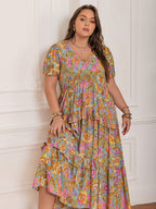 Plus Size Printed V-Neck Short Sleeve Maxi Dress Elegant & Flowy Summer Dress For Girls Stevvex