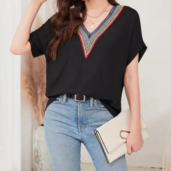 Women's Loose Fit Short Sleeved Breathable Casual Lace V-neck Shirt Top - SJB-DIAMOND ELITES