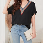 Women's Loose Fit Short Sleeved Breathable Casual Lace V-neck Shirt Top - SJB-DIAMOND ELITES
