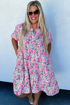 Pink Plus Size Floral Half Button Puff Sleeve A Line Dress