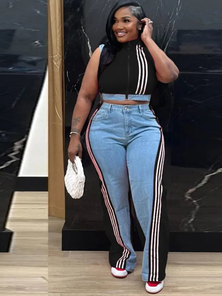 2 Pieces Women's Sets 2025 Spring Summer Denim Sleeveless Suit Tops And Wide Leg Pants Suits Two Piece Set Tracksuit Outfit Purplish Diva