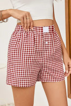 Blue Vintage Gingham Print High Waisted Loose Shorts