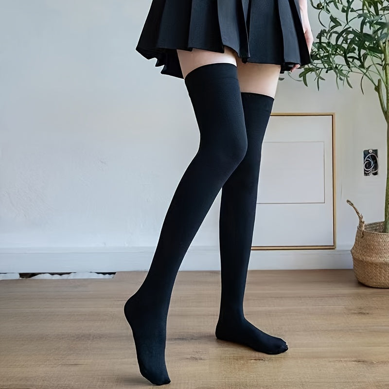 Elastic Solid Thigh High Socks, Japanese Style Over The Knee Socks, Women's Stockings & Hosiery Lootquake LLC