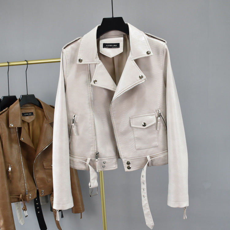 Cropped Hem Belt Snakeskin Leather Biker Jacket Pi-Mart