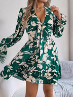 Feminine Lilac Ruffled Printed Long Sleeve Dress Summer Cute Midi Dress