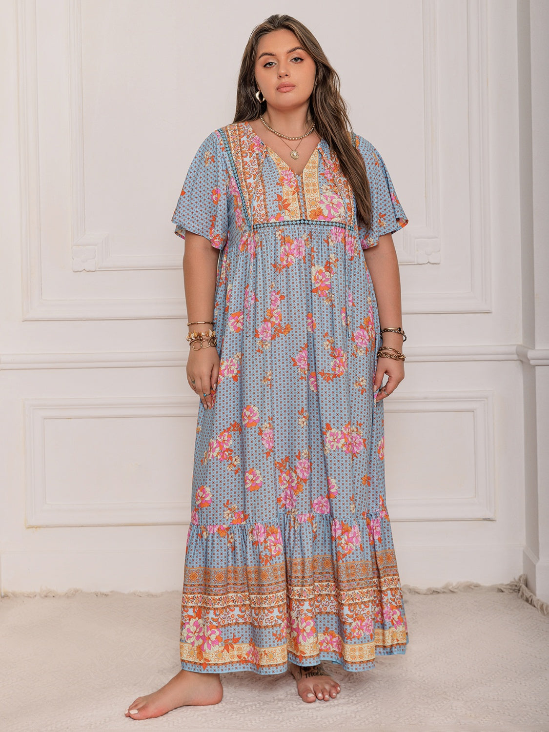 Pink Purple Plus Size Printed Flutter Sleeve Maxi Dress Elegant & Flowy Dress Unique Design Stevvex