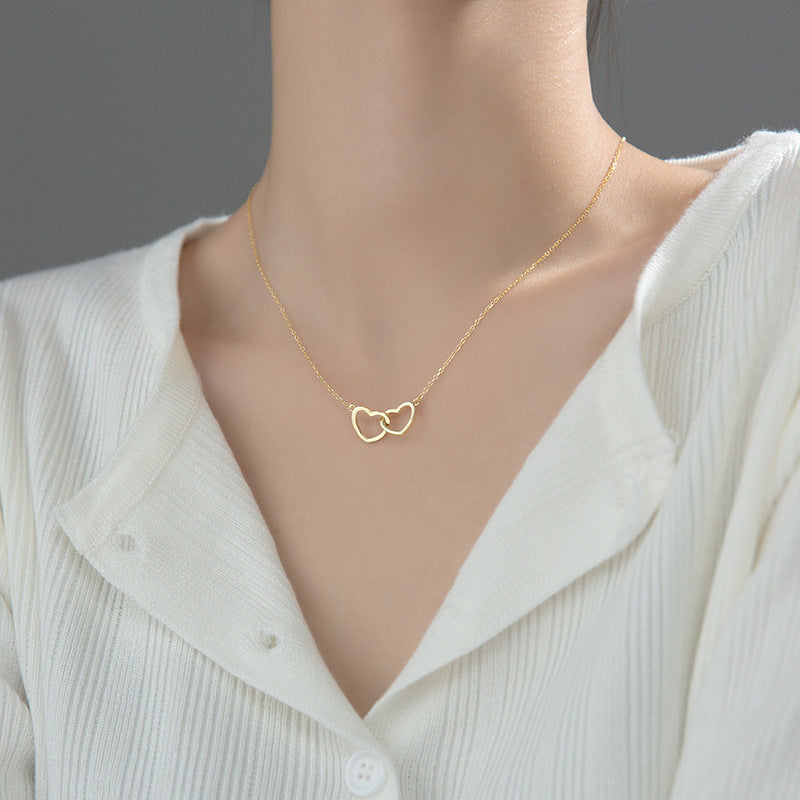 Double Heart Interlocking Titanium Steel Necklace Jewelry Pi-Mart