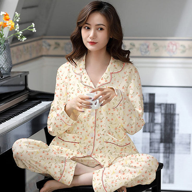 Elegant Women's Autumn And Winter Cotton-like Long Pajamas Two-piece Set Pi-Mart