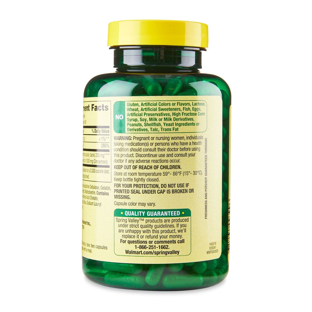 Spring Valley Cinnamon Plus Chromium Capsules Dietary Supplement; 500 mg; 180 Count EasyOptionXY LLC