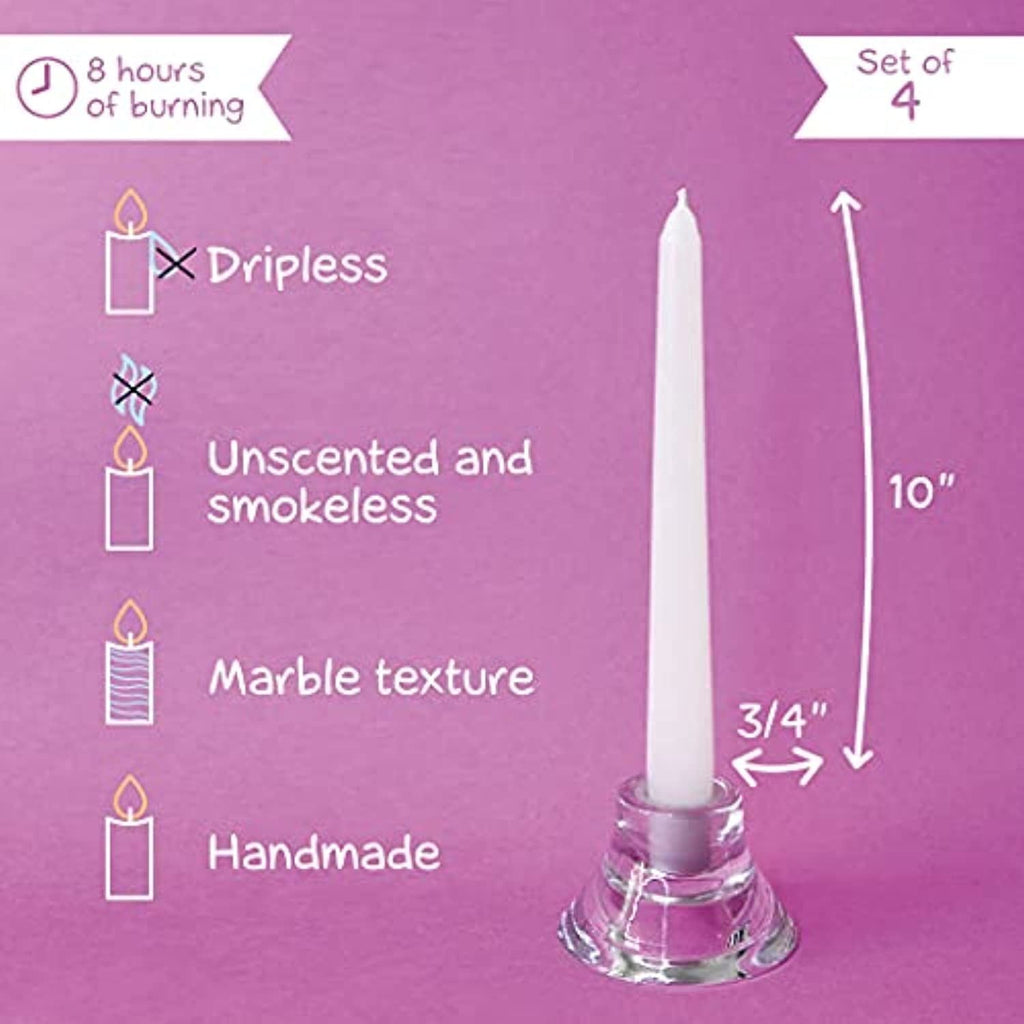 Candwax 10 inch Taper Candles Set of 4 - Dripless Taper Candles and Unscented Candlesticks - Perfect as Dinner Candles and Household Candles - White Candles