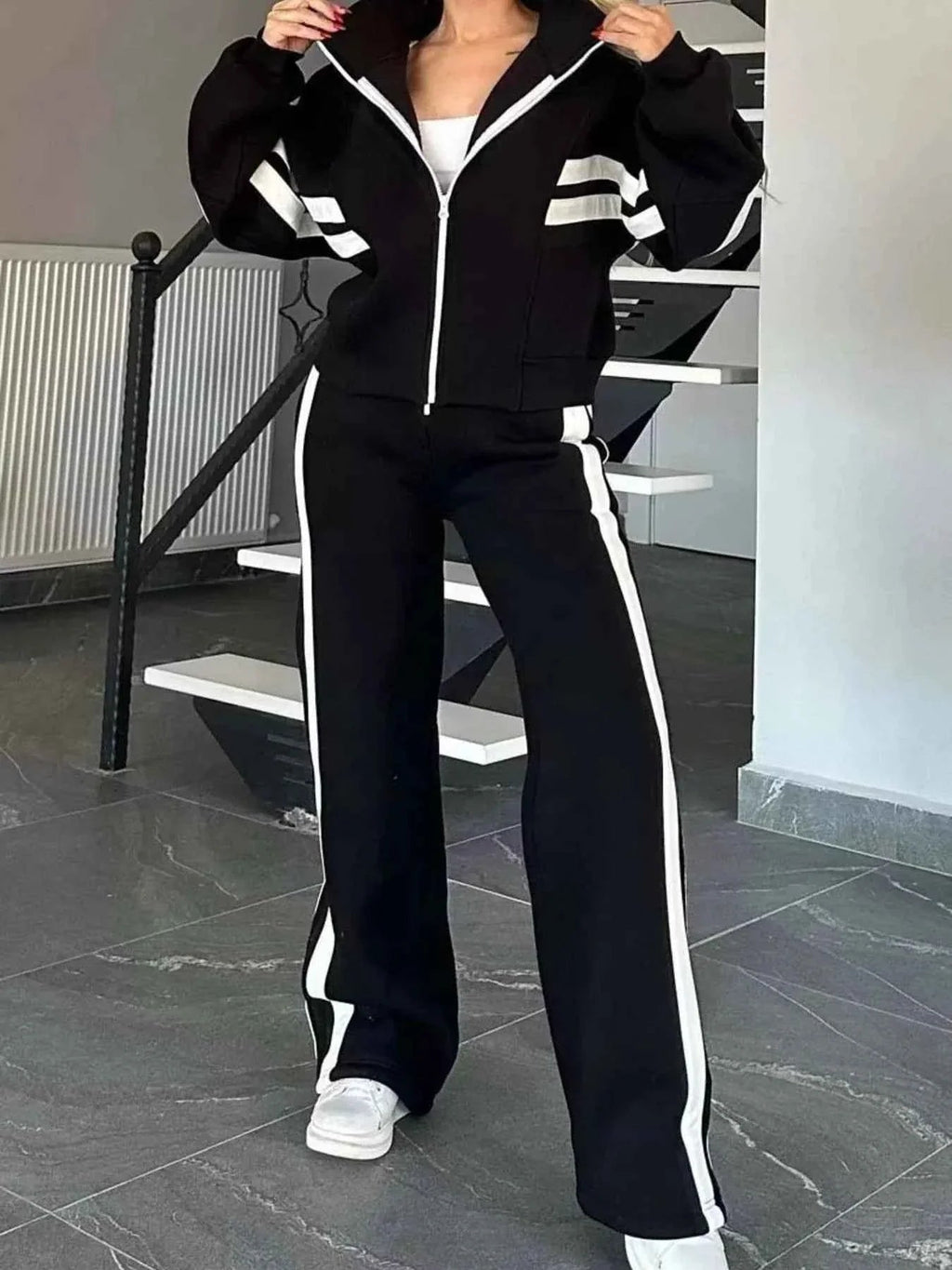 Plus Stripes Zip Set: Full-Size Comfort Duo THRIXINE