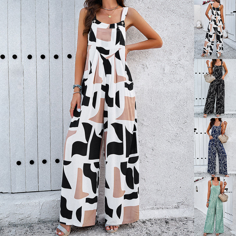 Fashion Print Square Neck Jumpsuit With Pockets Spring Summer Casual Loose Overalls Womens Clothing Pi-Mart