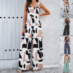 Fashion Print Square Neck Jumpsuit With Pockets Spring Summer Casual Loose Overalls Womens Clothing Pi-Mart