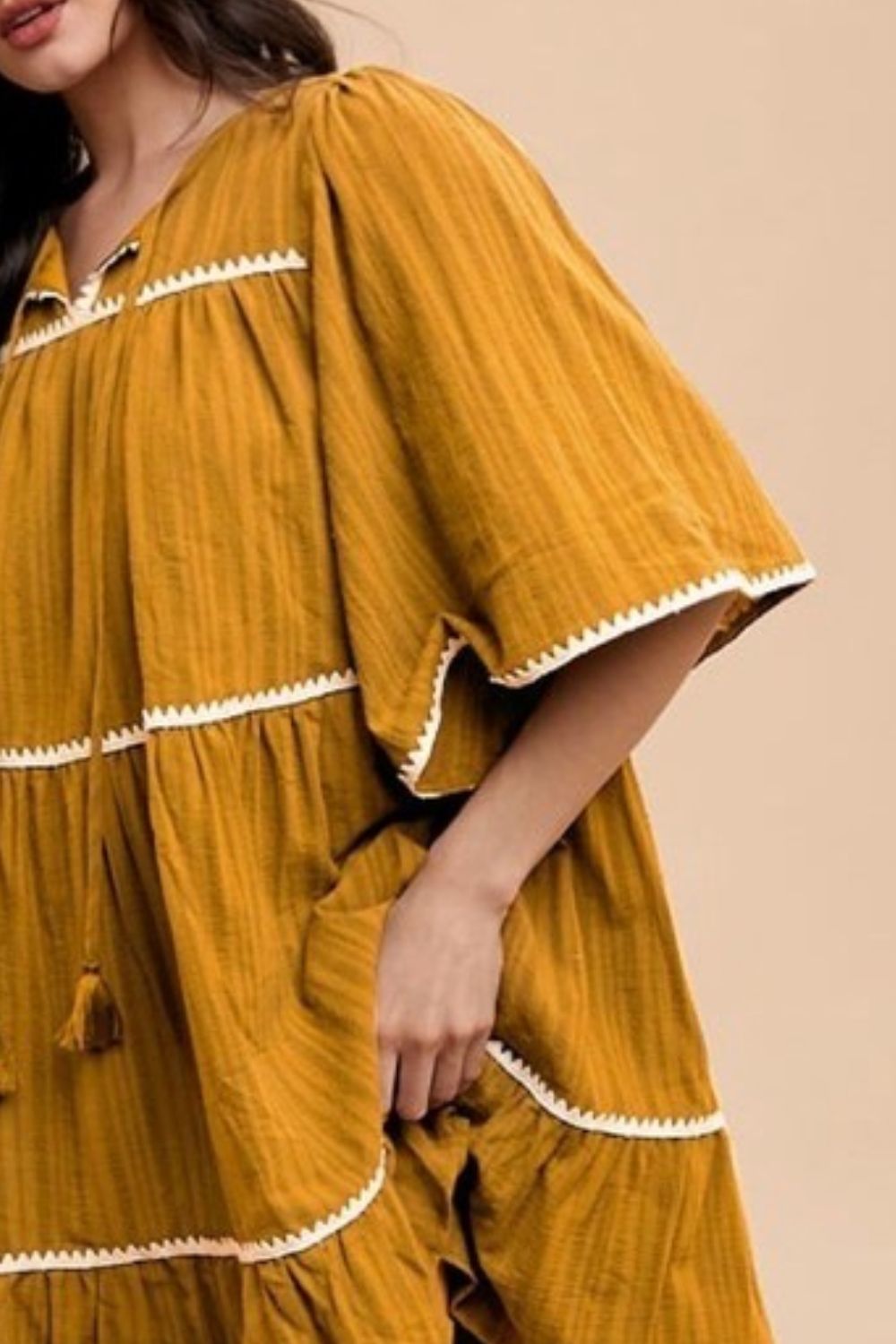 Tassel Contrast Trim Tie Neck Half Sleeve Tiered Dress For Women – Bohemian Inspired Tiered Dress with Tassel Accents and Contrast Trim for a Playful Look Stevvex