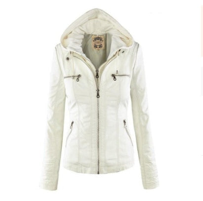 Fashion Detachable Hooded Jacket With Pockets Casual Solid Color Zipper Long Sleeve Leather Coat Autumn Winter Women's Clothing Pi-Mart