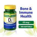 Spring Valley Vitamin D3 Softgels; 25 mcg; 1000 IU; 100 Count EasyOptionXY LLC
