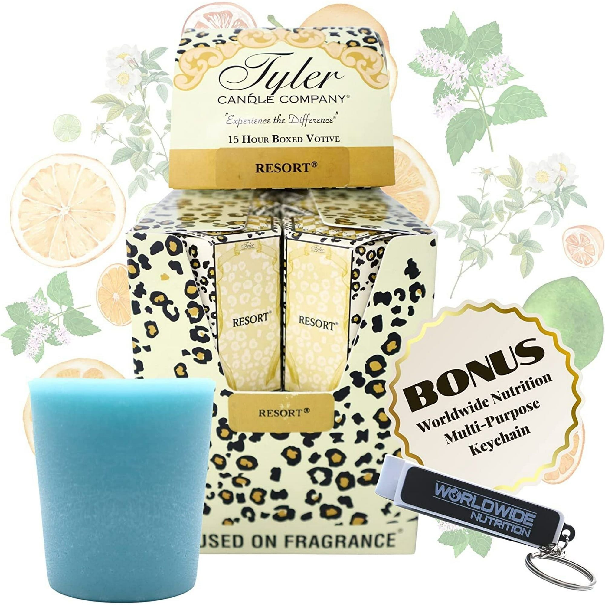 Tyler Candle Company Resort Votive Candles - Luxury Scented Candle with Essential Oils - 16 Pack of 2 oz Small Candles with 15 Hour Burn Time Each - Bonus Worldwide Nutrition Multi Purpose Key Chain
