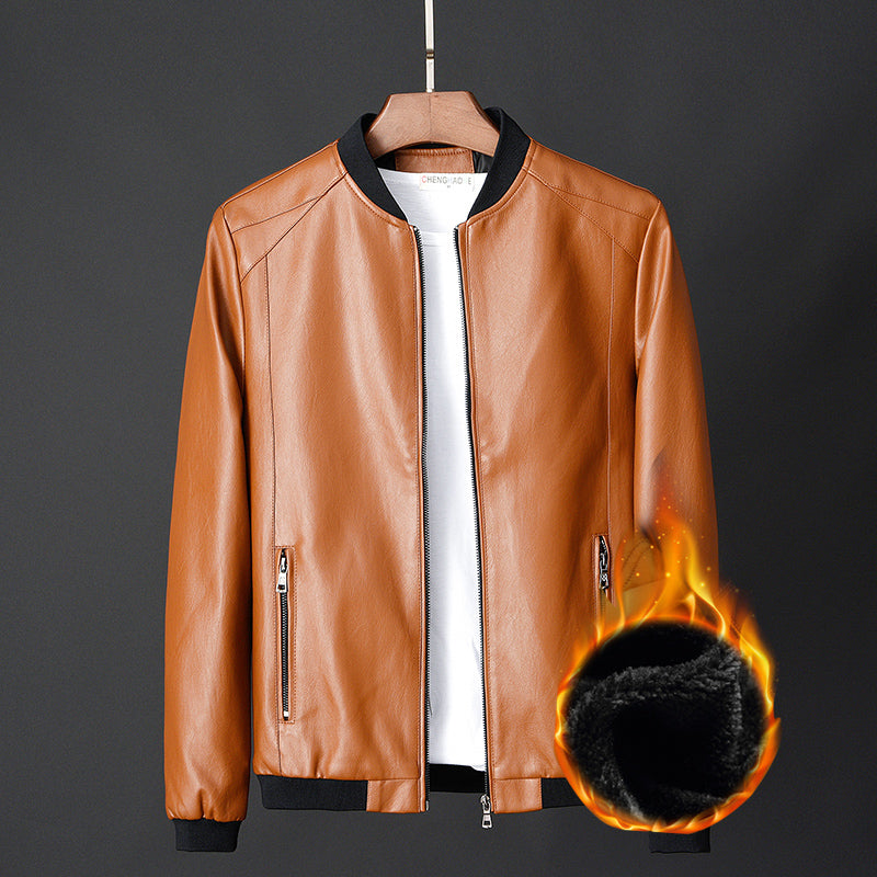 Slim Fit Men's PU Leather Jacket - Stand Collar Motorcycle Style Jacket (Regular Length) Pi-Mart