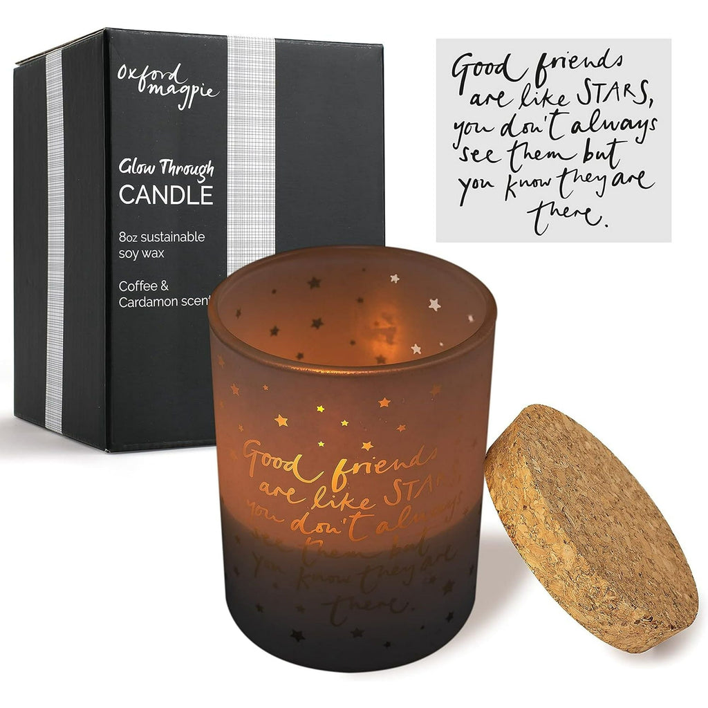 Good Friends are Like Stars Gift Candle Moving Away Thinking of You. Inspiring Message Glows Through Jar. Lights Friendship Message Quote from Inside Holder. Cork Lid Soy Wax, 8oz, 3x3x4