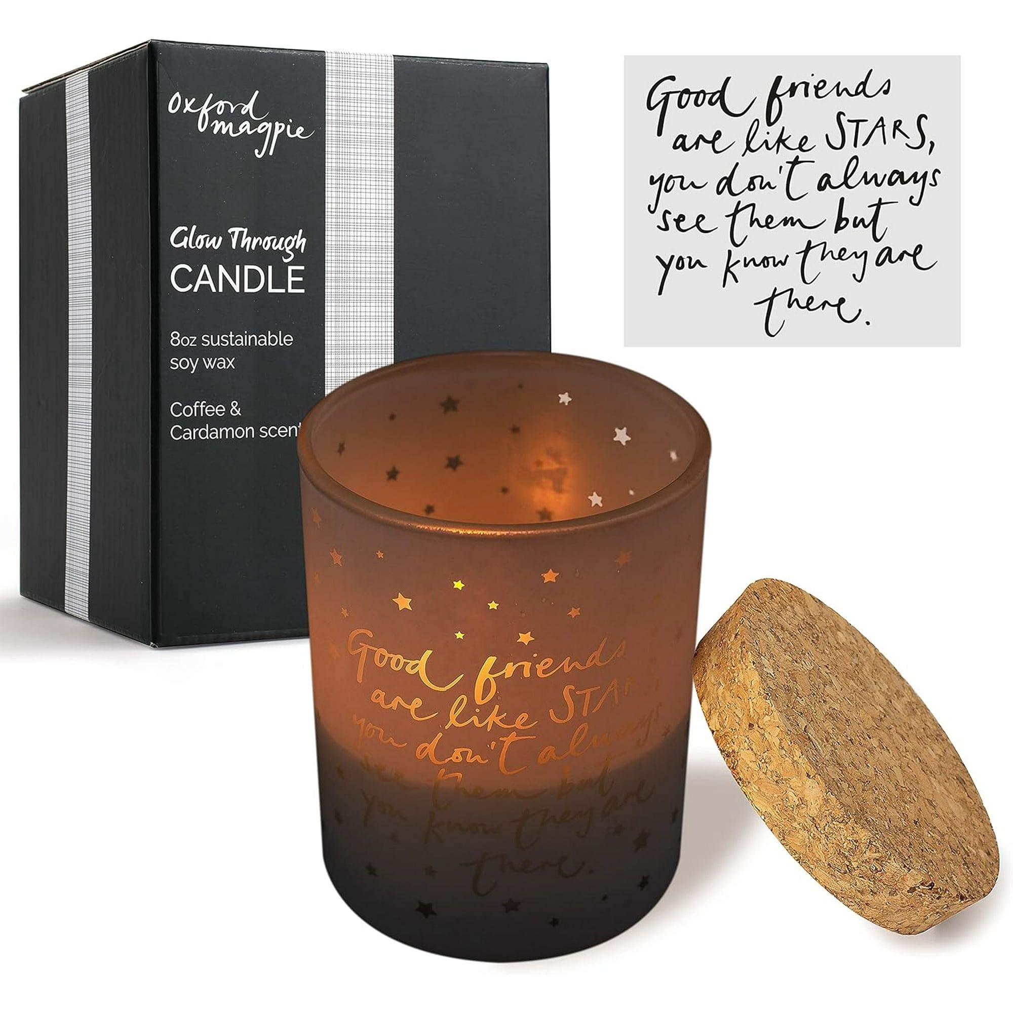 Good Friends are Like Stars Gift Candle Moving Away Thinking of You. Inspiring Message Glows Through Jar. Lights Friendship Message Quote from Inside Holder. Cork Lid Soy Wax, 8oz, 3x3x4
