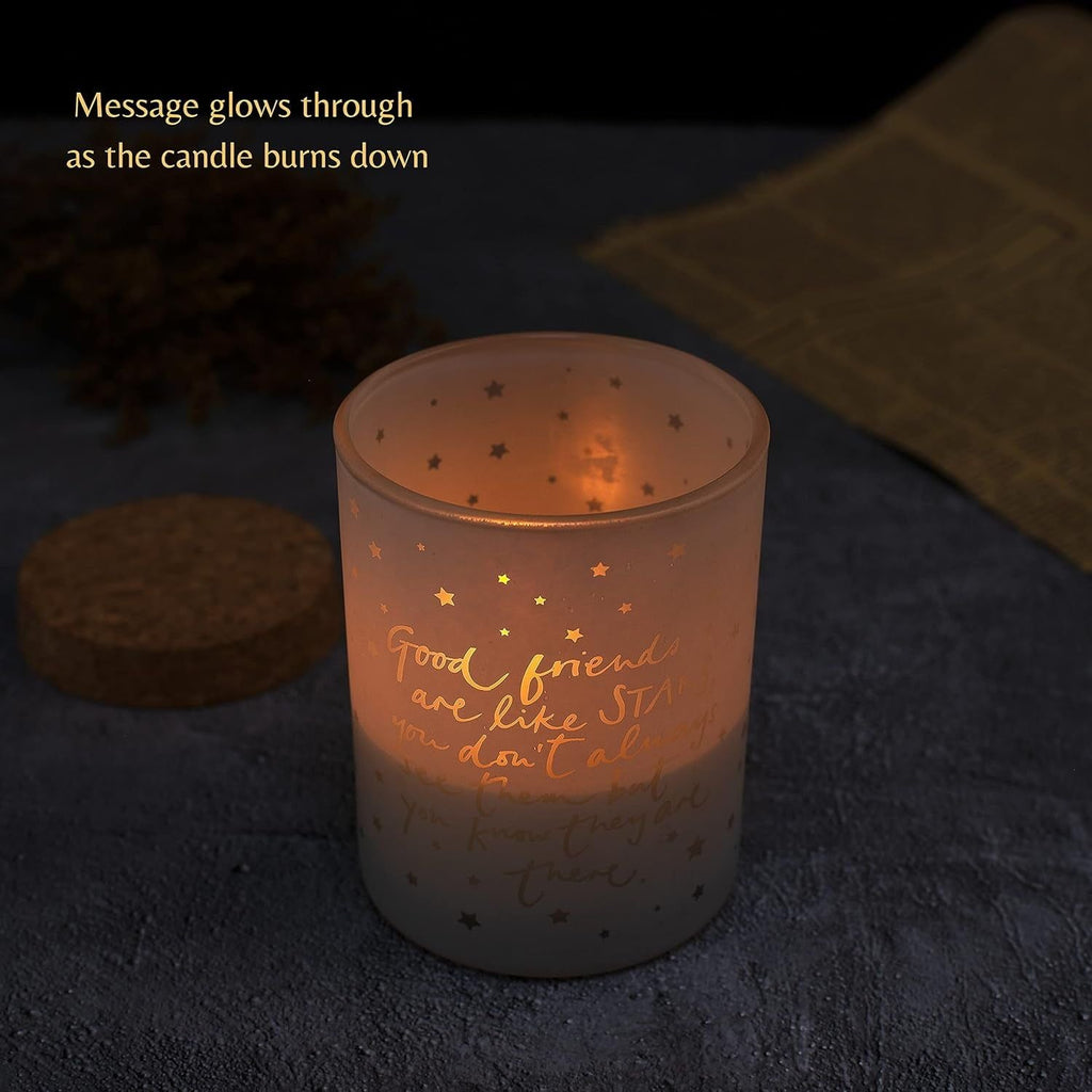 Good Friends are Like Stars Gift Candle Moving Away Thinking of You. Inspiring Message Glows Through Jar. Lights Friendship Message Quote from Inside Holder. Cork Lid Soy Wax, 8oz, 3x3x4