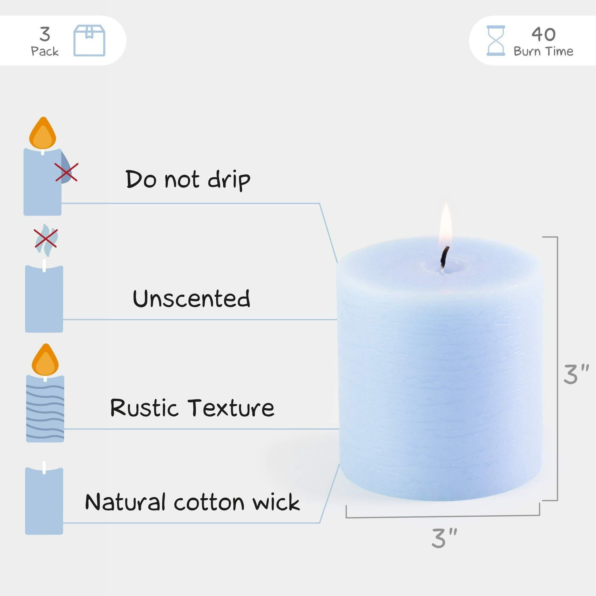 CANDWAX 3x3 Pillar Candle Set of 3 - Decorative Candles Unscented and No Drip Candles - Ideal as Wedding Candles or Large Candles for Home Interior - Light Blue Candles Pillar 3x3 Baby Blu