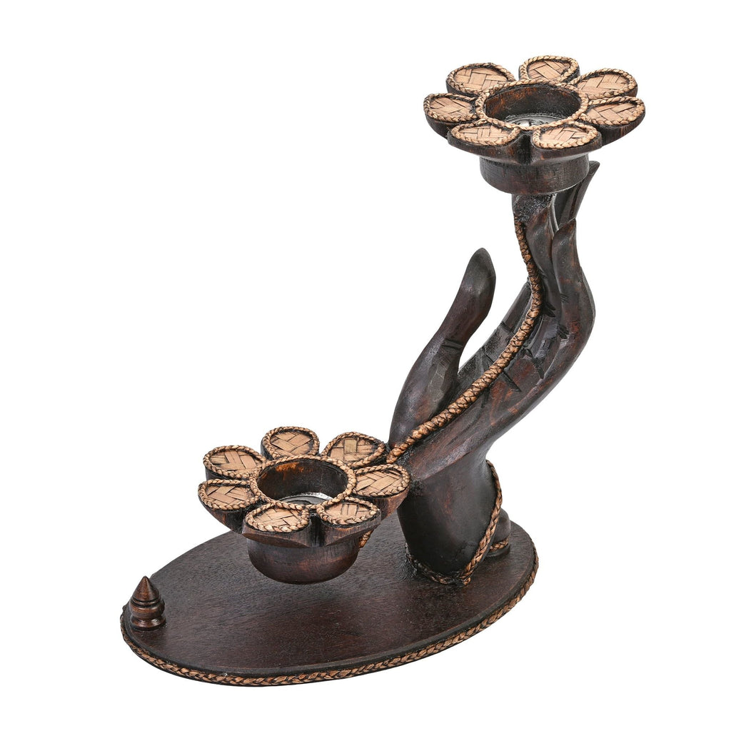 Prayer Hand Holding Flowers Carved Rain Tree Wood Candle Holder EasyOptionXY LLC