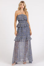 Ruffled Smocked Floral Halter Neck Maxi Dress For Summer – Feminine and Elegant Floral Maxi Dress with Smocked Waist