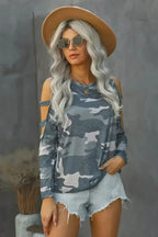 Camouflage Shoulder To Hollow Out Long Sleeve Top - SJB-DIAMOND ELITES