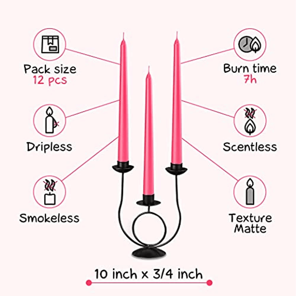 CANDWAX 10 inch Taper Candle Sticks Long Burning Set of 12 - Dripless Dinner Candles for Table Look Like Matte Metallic Candles and are Ideal for Any Occasion - Pink Glitter Taper Candles