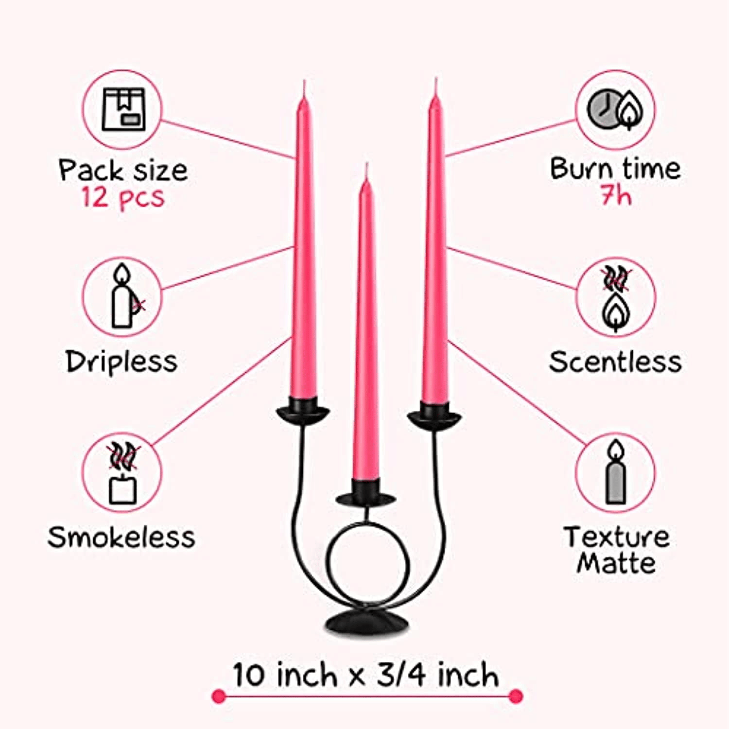 CANDWAX 10 inch Taper Candle Sticks Long Burning Set of 12 - Dripless Dinner Candles for Table Look Like Matte Metallic Candles and are Ideal for Any Occasion - Pink Glitter Taper Candles