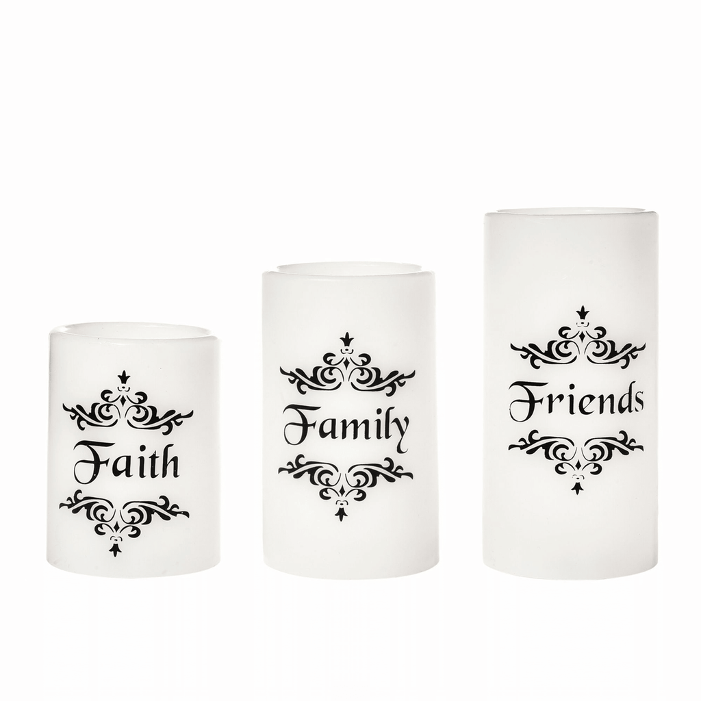 EcoGecko Set of 3 4", 5", 6" Real Wax Flameless LED Candles with Faith Family Friends Decal Battery Operated Inspirational Home Decor with 5 Hour Timer, Super Long Battery Life