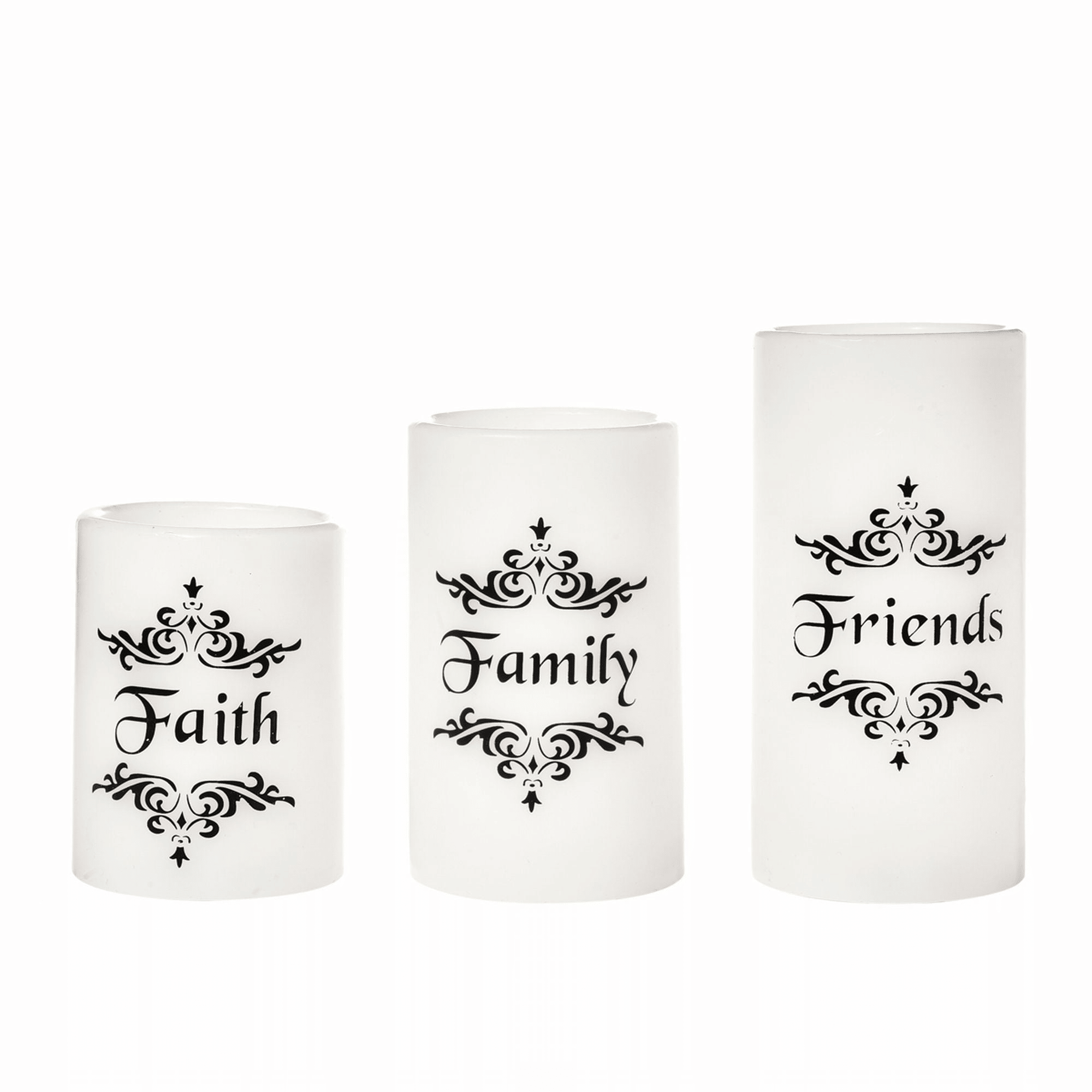 EcoGecko Set of 3 4", 5", 6" Real Wax Flameless LED Candles with Faith Family Friends Decal Battery Operated Inspirational Home Decor with 5 Hour Timer, Super Long Battery Life