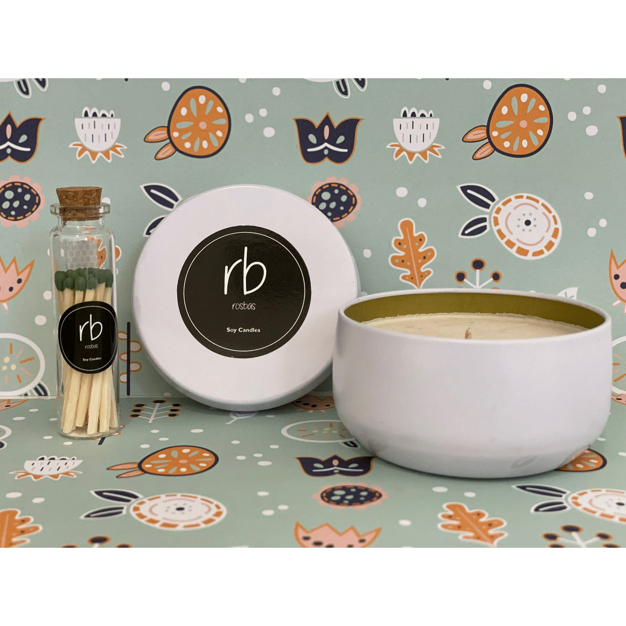 Rosbas Candle, Gardenia Scented, Natural Soy Wax, 6 oz White Tin, Cotton Wick, Long Burn Time, Drawstring Cotton Bag, Home, Handmade in USA