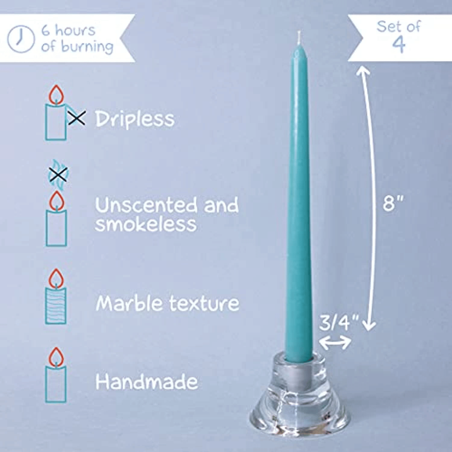 CANDWAX 8 inch Taper Candles Set of 4 - Dinner Candles Dripless - Tall Candles Long Burning Perfect for Dinner, Party or Wedding Candles Decor - Turquoise Candles - SJB-DIAMOND ELITES