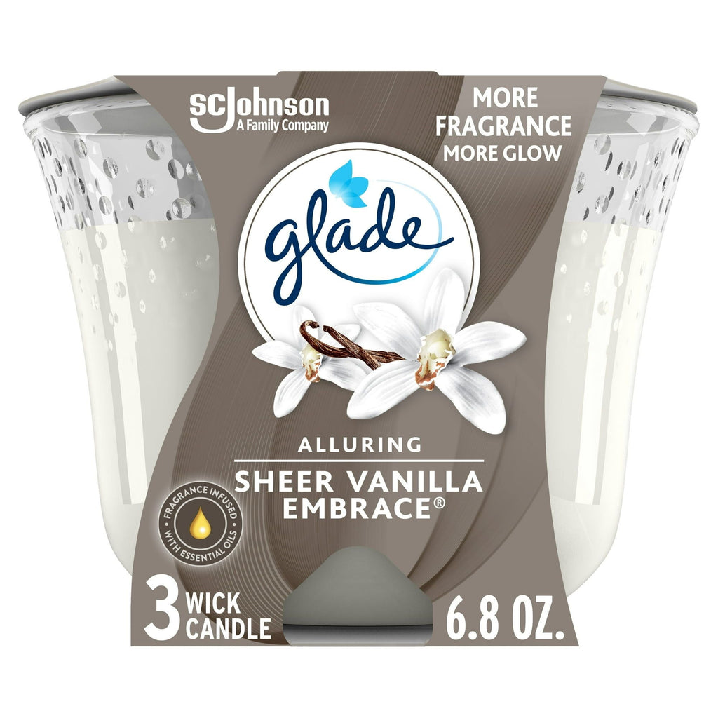 Glade Candle Alluring Sheer Vanilla Embrace Scent, 3-Wick, 6.8 oz (193 g), 1 Count, Fragrance Infused with Essential Oils, Notes of Vanilla Blossom, White Orchid, Sandalwood Scented Candles - SJB-DIAMOND ELITES